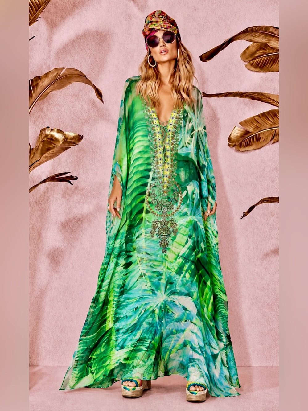 CAMILLA Pure Silk Palm Tropical Print Beaded Short Sleeve Maxi Kaftan Dress - Picture 1 of 6